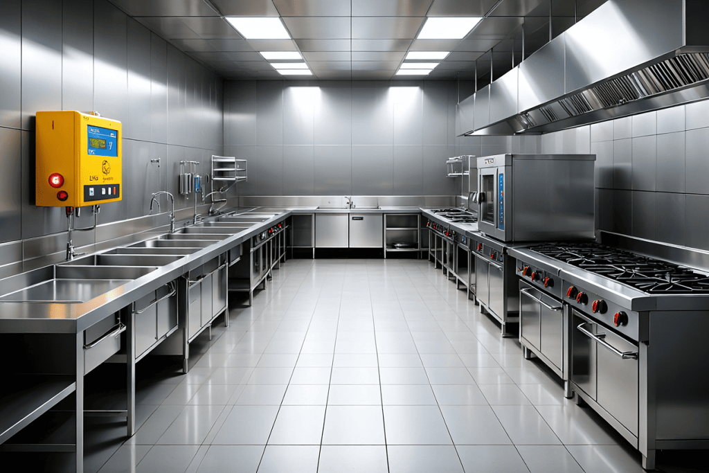 Cocina industrial profesional con detector GLP colocado cerca del suelo, junto a la zona de cocción; ejemplo práctico de instalación segura de detectores glp cocinas conforme a normativa.