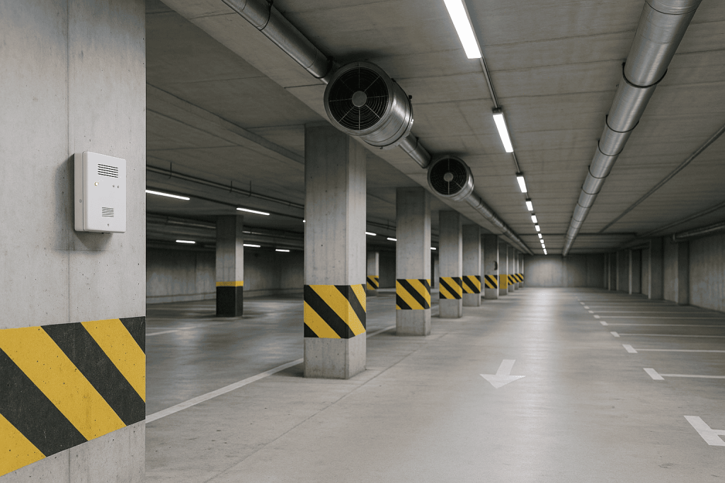 Garaje subterráneo en Madrid con ventiladores de techo y sensores de CO/CO₂ en las paredes; ambiente limpio y bien iluminado conforme a la normativa co co2 garajes