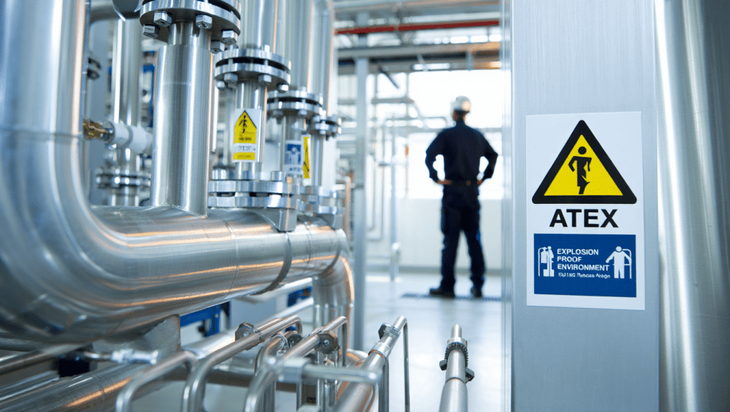 Señal ATEX en una instalación industrial que muestra una zona clasificada según la normativa, parte de la zonas ATEX guía.