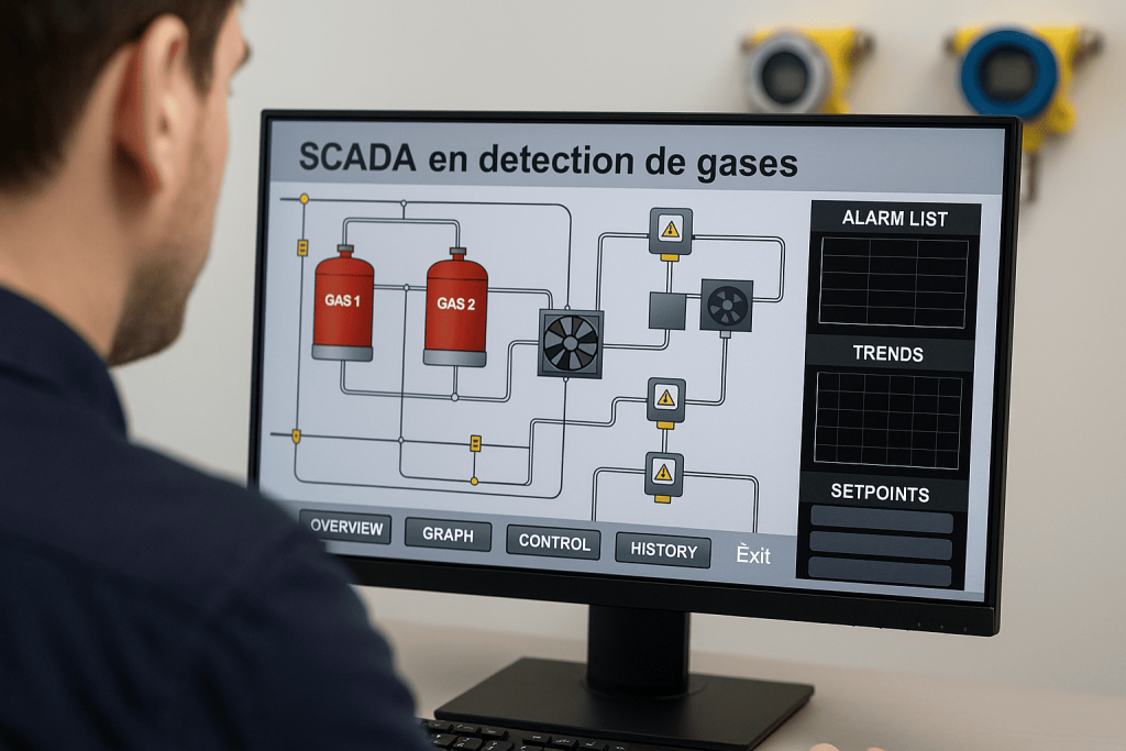 Operador supervisando scada deteccion de gases con alarmas y tendencias en pantalla
