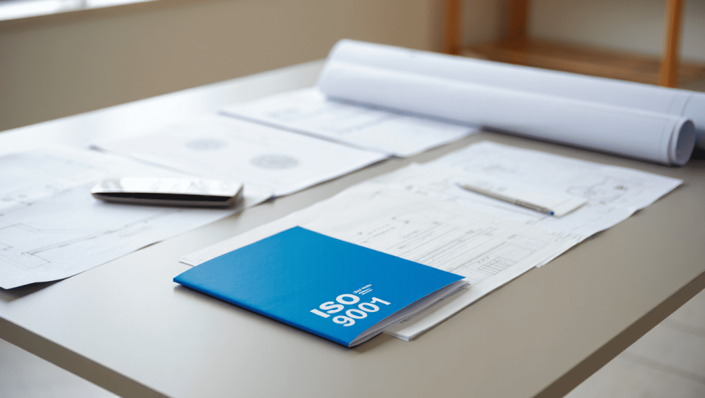 Carpeta ISO 9001 sobre mesa de trabajo con planos técnicos de instalación de gas