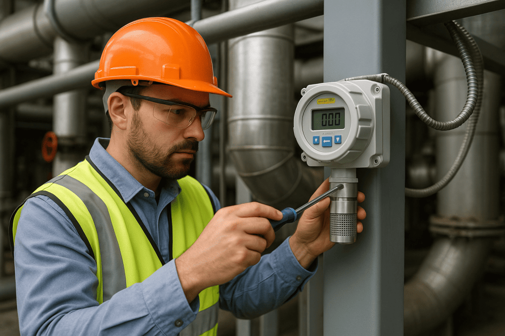 Técnico realizando mantenimiento detectores gas en planta industrial